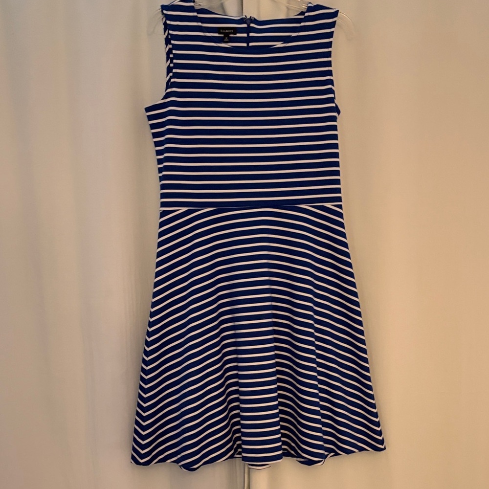 Talbots Blue and White Striped Fit-and-Flare Sleeveless Dress,‎ medium